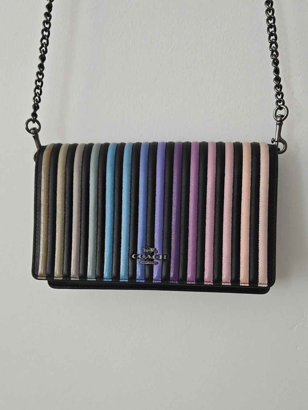 COACH Multicolor Ribbed Leather Crossbody — Black Trim with Pastel Stripe Panel